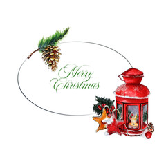 Christmas and New Year frame for gift card and design. Watercolor Flashlight 