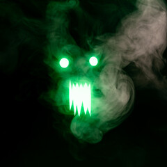 Horror face glows in darkness through thick smoke clouds creating quaint patterns