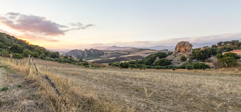 Italy, Sicily, Enna, panoramic view over landscape at dusk