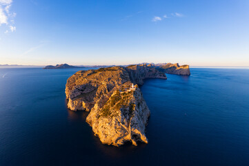 Spain, Mallorca, Aerial view of Cap de Formentor peninsula at dawn