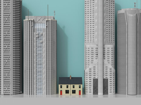 3D rendering, Residential house sqeezed between skyscrapers