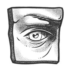 gypsum plaster cast human eye sketch engraving vector illustration. T-shirt apparel print design. Scratch board imitation. Black and white hand drawn image.