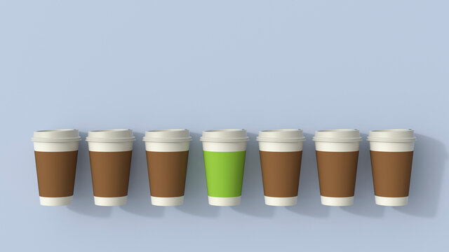 3D rendering, Row of disposable coffee cups with a green outsider