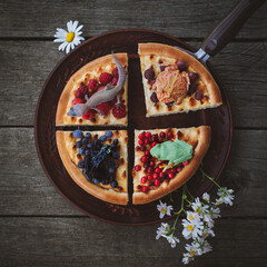 Reptile and amphibian pets on cheesecake Pie with berries On Wooden Background