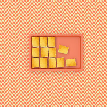 3D rendering, Cheese cake on baking tray on patterned background