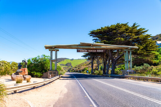 Built structure at start point of Great Ocean Road against clear blue sky, Victoria, Australia