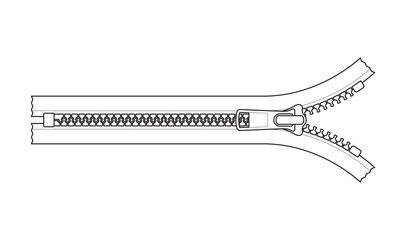 Vector black line open zipper. Isolated on white background