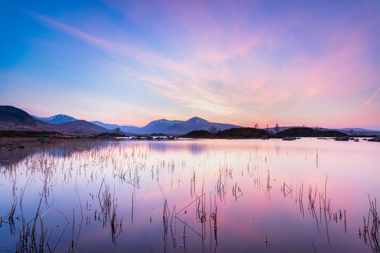 Idyllic shot of Lochan nah Achlaise against sky during sunset, Scottish Highlands, Scotland, UK