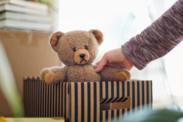 Close-up of woman unpacking cardboard box in new home taking out teddy bear
