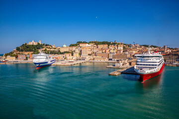 Italy, Province of Ancona, Ancona, Cruise ships moored in harbor of coastal city