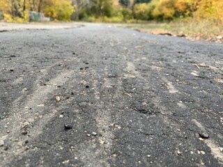 fresh asphalt close up against the background of autumn, yellow trees