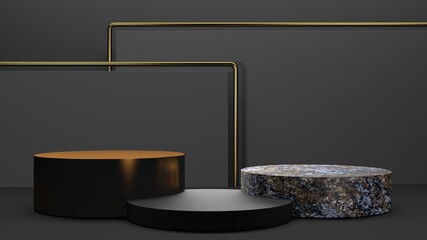 Black stand podium on dark background. Realistic dark platform