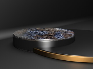 Black stand podium on dark background. Realistic dark platform