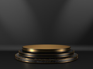 Black stand podium on dark background. Realistic dark platform