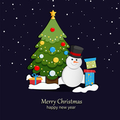 Happy New Year and Merry Christmas. Vector illustration with snowman, gifts and Christmas tree.