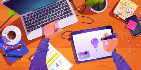 Illustrator or designer working process at workplace top view, male hands painting on digital tablet and laptop, develop creative project, graphic design artist profession, Cartoon vector illustration