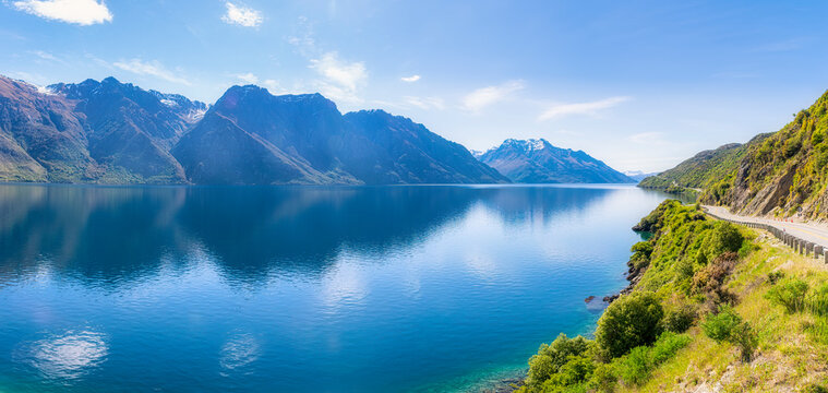 Panoramic shot of Lake Wakatipu against sky at Queenstown, South Island, New Zealand