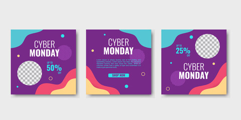 Cyber monday social media post template, set editable square shape banner. Good for marketing and promotion with trendy colors.