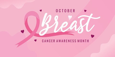 Breast cancer awareness month poster. Pink ribbon banner for feminine community.