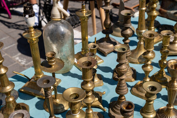 Vintage copper candlesticks for sale at the flea market