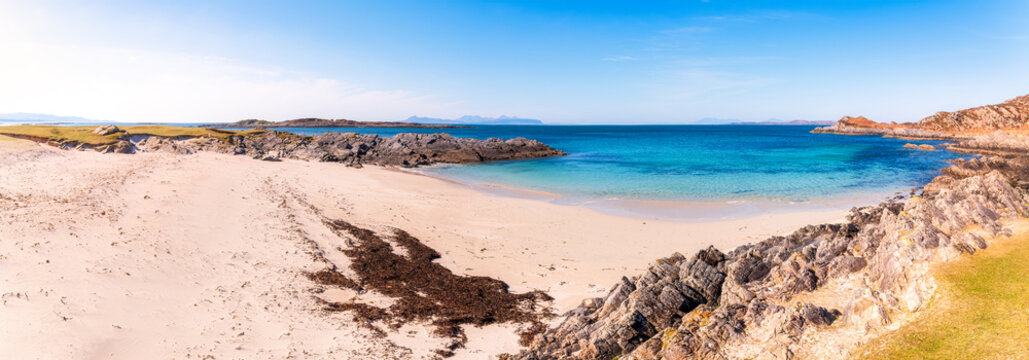Panoramic view of Smirisary Beach against sky at Lochaber, Scotland, UK