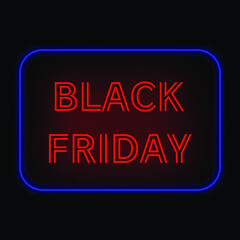 Black Friday sale bright neon sign board  on black background. Line icon shopping. Poster or banner. Vector illustration