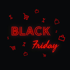 Black Friday sale bright neon sign board  on black background. Line icon shopping. Poster or banner. Vector illustration