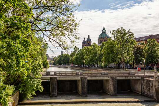 Prater weir with St Luke's Church in background, Munich, Bavaria, Germany