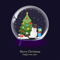 Vector illustration with snow globe, gifts and Christmas tree.
