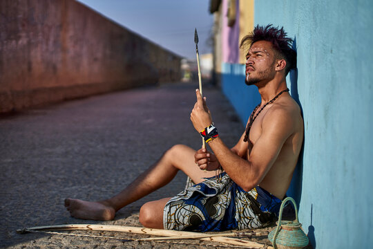 Tribal man with his traditional arch and arrows, Lubango, Angola