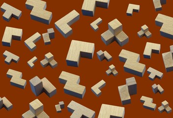 Background, banner and wallpaper for design. Wooden geometric shapes. 3d at different angles, chaotic on a brown background. Pattern
