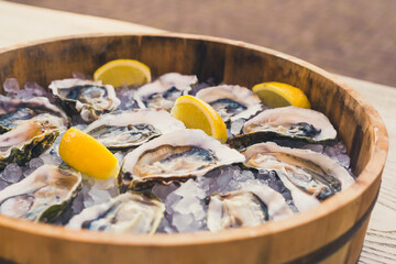 a dozen oysters on ice with lemon