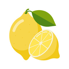 Fresh Lemon Fruit Icon. Flat Style. Sliced ripe citrus illustration for logo, menu, emblem, template, stickers, prints, food package design and decoration