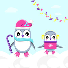 Two cute penguins in winter clothes. Flat vector illustration.