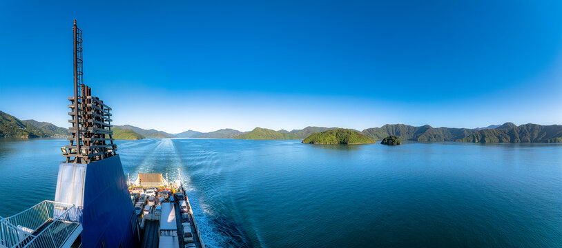 New Zealand, Marlborough Region, Picton, Clear blue sky over ferry crossing Cook Strait
