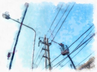 Construction lifts and electric poles watercolor style illustration impressionist painting.
