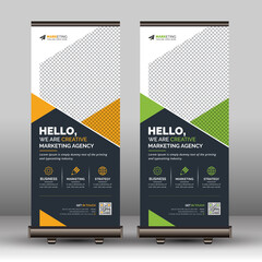 Yellow and Green Corporate Roll Up Banner Signage Standee Template with Black Background for Advertising Business and Multipurpose Use