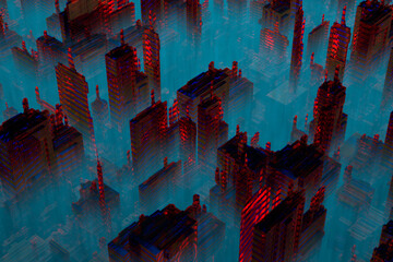 3D rendered Illustration, Microchip architecture such as a CPU under the microscope.