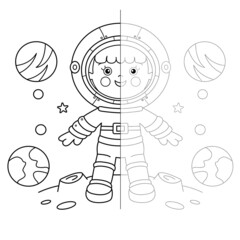 Draw symmetrically. Connect the dots picture. Tracing worksheet. Coloring Page Outline Of cartoon astronaut in space. Coloring Book for kids.