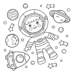 Coloring Page Outline Of a cartoon astronaut with rocket in space. Little spaceman or cosmonaut. Coloring book for kids.
