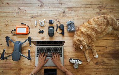 Person sitting at table with photografic equipment and ginger cat, using laptop, overhead view