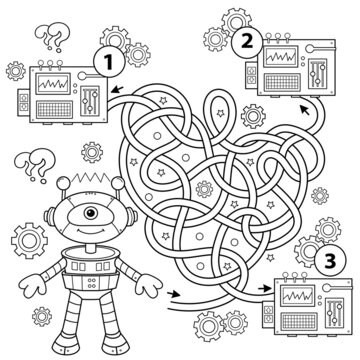 Maze or Labyrinth Game. Puzzle. Tangled road. Coloring Page Outline Of cartoon little robot. Coloring book for kids.