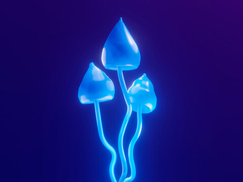 Three dimensional render of blue glowing liberty caps (Psilocybe semilanceata)