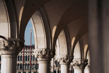 Italy, Venice, Close-up of Doges Palace arcade