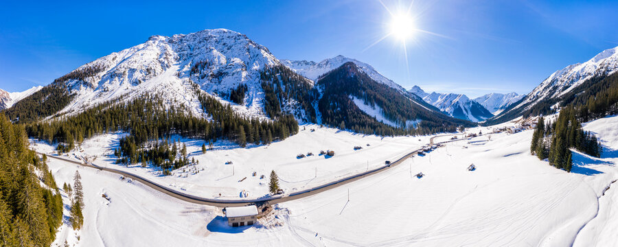 Austria, Tirol, Kelmen at Namlos mountain pass, in winter, aerial image