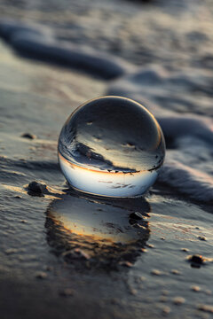 Germany, Mecklenburg-West Pomerania, Prerow, Shiny glass ball lying in wet beach sand