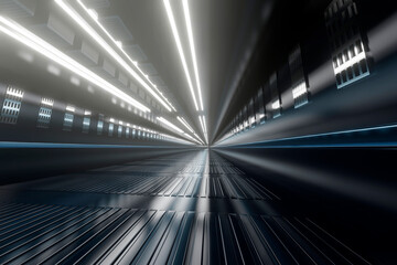 Three dimensional render of brightly lit corridor of industrial facility