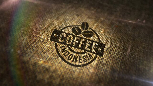 Coffee Indonesia sign stamp on natural linen sack. Factory, manufacturing and production country 3D rendered design abstract concept. Looped and seamless animation.