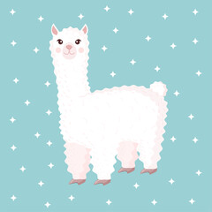 Cute llama or alpaca on a blue background with stars. Vector illustration for baby texture, textile, fabric, poster, greeting card, decor.