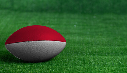 Fototapeta na wymiar American football ball with Indonesia flag on green grass background, close up